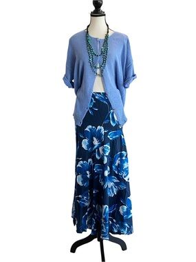 Blue Floral Maxi Skirt - Women's Elegant Flowing Skirt linen rayon blend